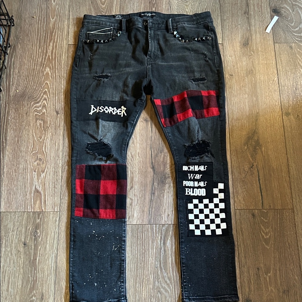 Cult of Individuality Black and Red Graphic Skinny Jeans